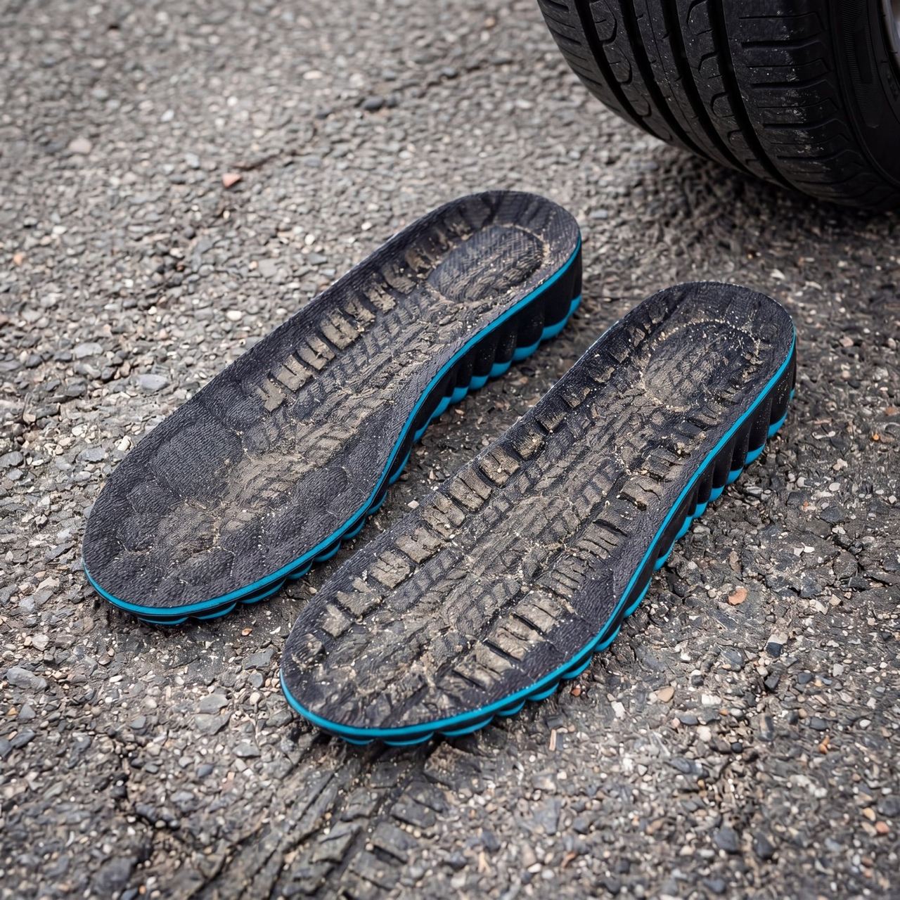 ExtraCM Soft Pro insole intact after a car tyre crush test on asphalt